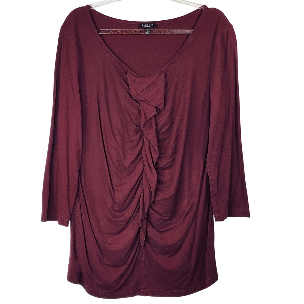 Talbots Ruffle Front Top Large Burgundy 3/4‎ Sleeve Ruched Knit Blouse
